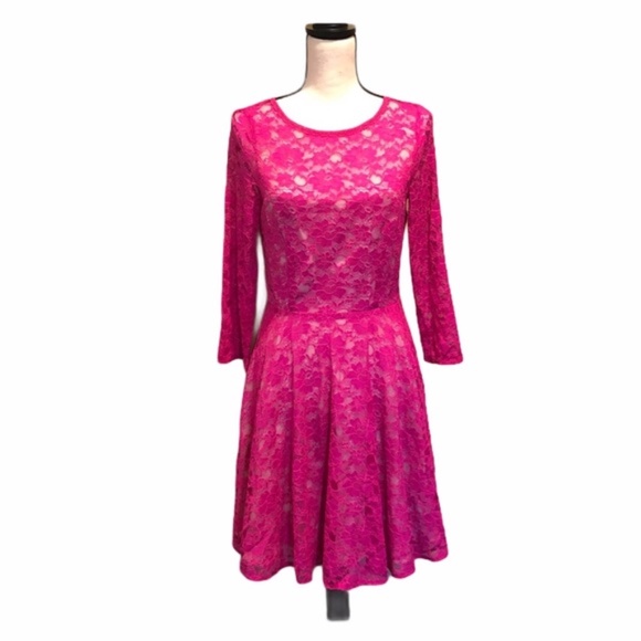FRENCH CONNECTION FUCHSIA PINK LACE LIZZIE FIT & FLARE LONG SLEEVE DRESS -  www.mordernwear.com